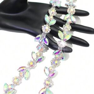 Silver Crystal AB Iridescent Crystal Bead Trim Appliqué Embellishment Yard Dress
